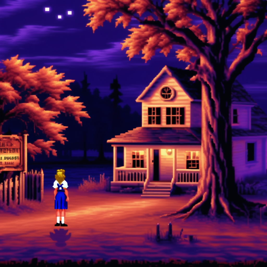 01229-lcas artstyle, there is a female adventurer dressed as a cheerleader standing in front of a haunted house, storybook wide shot _.png